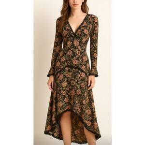 Nicholas V Neck‎ Long Sleeve Sheer Midi Dress Hankerchief Hem Sexy Size 0